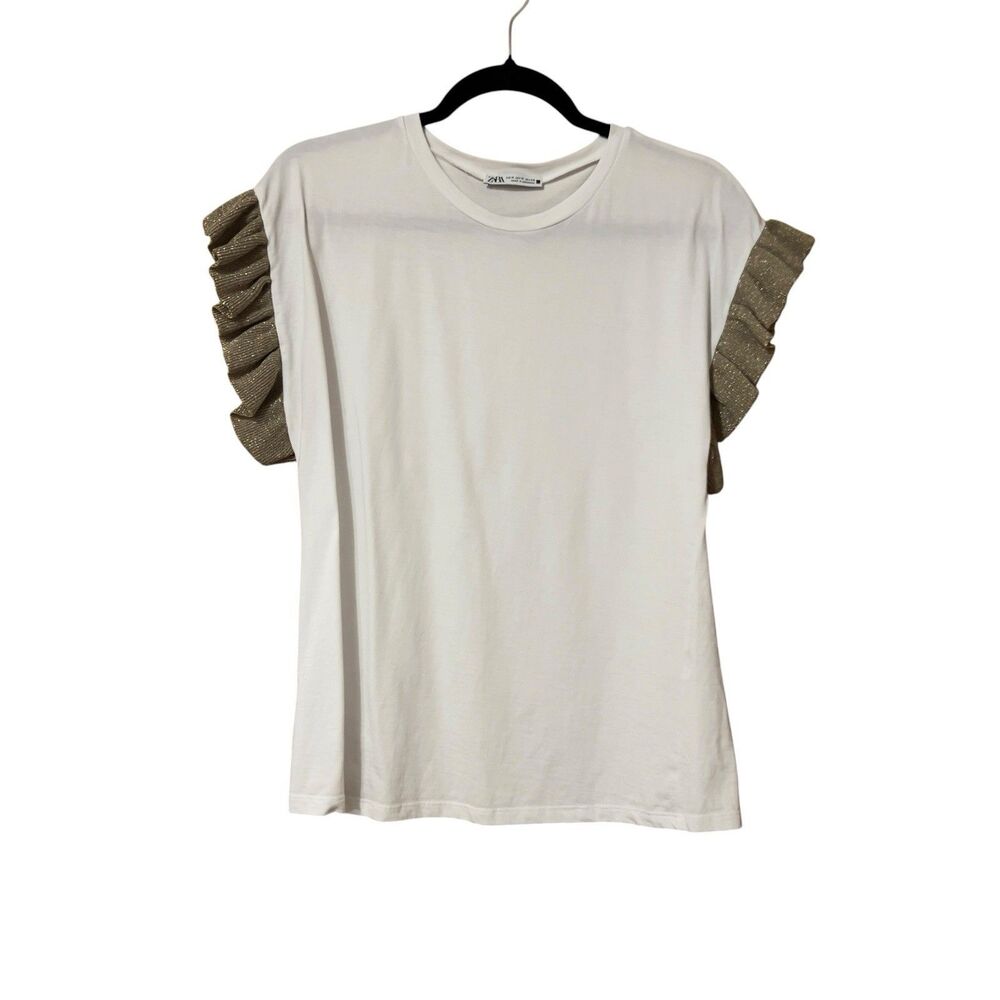 Zara Womens Size Medium White T-Shirt With Gold Metallic Ruffle Cap Sleeves